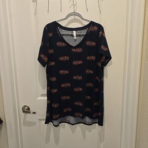 LuLaRoe 2XL Christy Navy T Shirt XL Blue Red Firetrucks First Responder